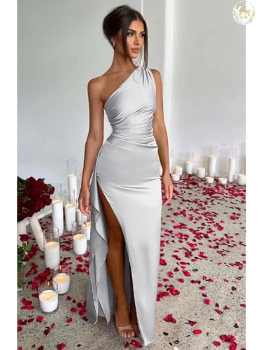 Women's High Split One Shoulder Satin Maxi Dress S-XL